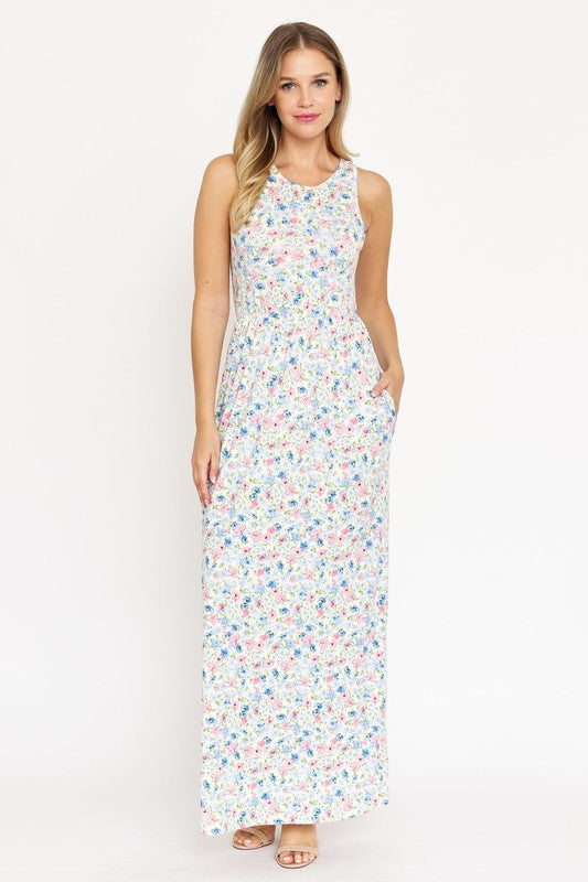 Pastel Floral Sleeveless Maxi Dress