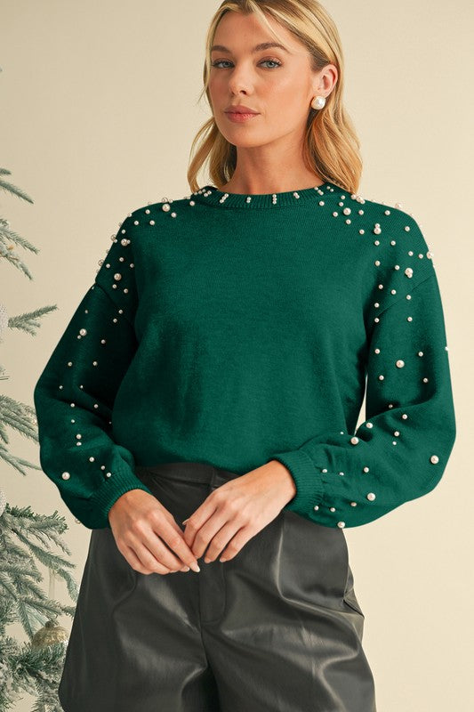 Pearl Drop Shoulder Round Neck Sweater