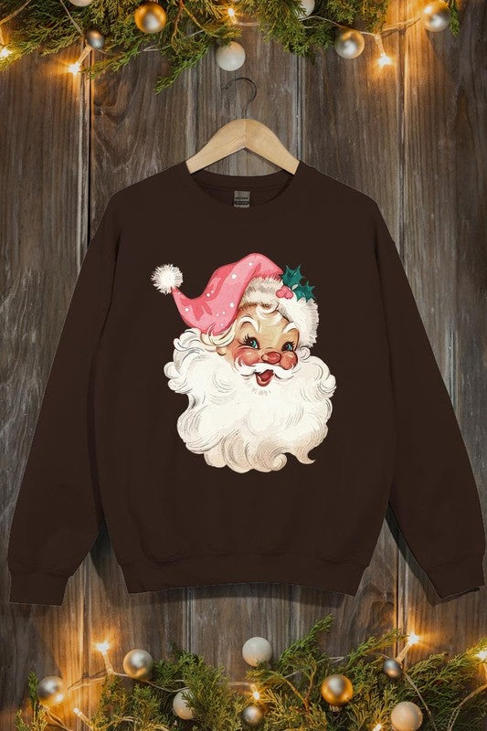 Retro Pink Santa Graphic Fleece Sweatshirts