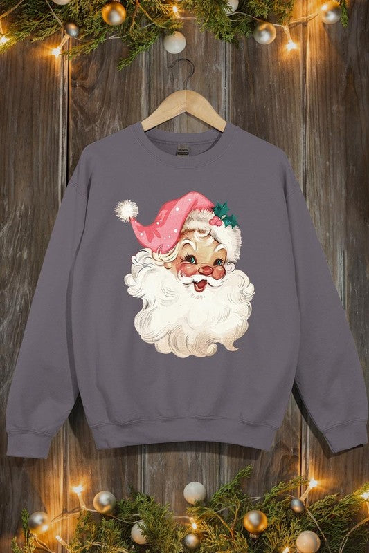 Retro Pink Santa Graphic Fleece Sweatshirts