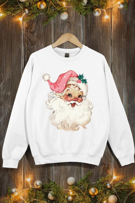 Retro Pink Santa Graphic Fleece Sweatshirts