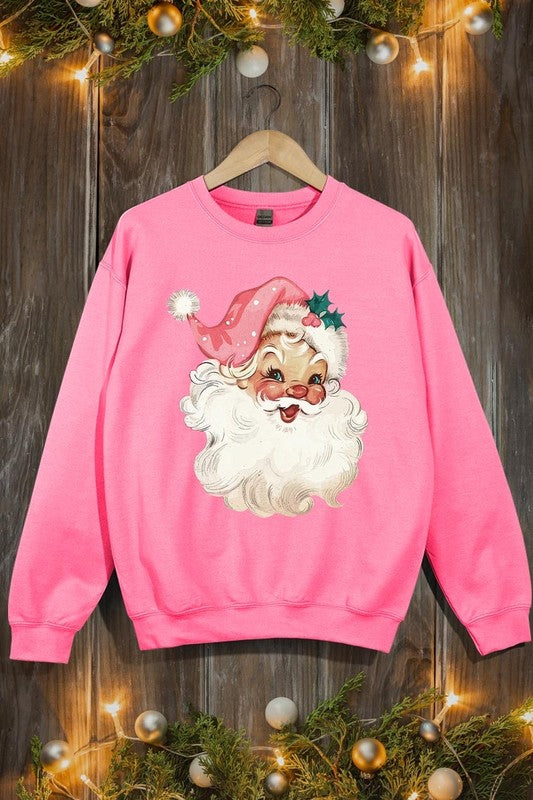 Retro Pink Santa Graphic Fleece Sweatshirts