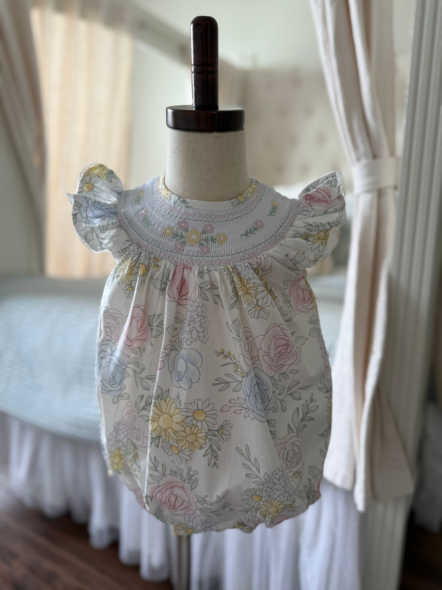 Bouquet Floral Smocked Flutter Romper